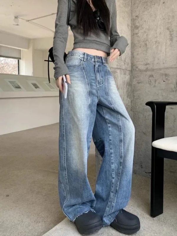 Vintage Washed Wide-Leg Jeans for Y2K Outfits and Retro Street Styles