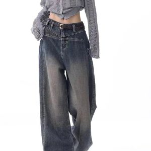 Vintage Washed Wide-Leg Jeans for Y2K Outfits and Retro Street Styles