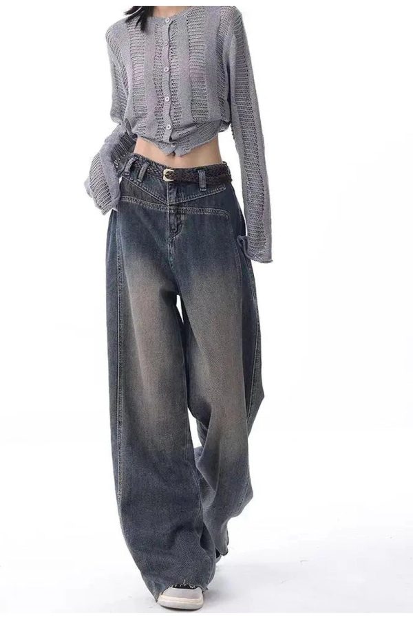 Vintage Washed Wide-Leg Jeans for Y2K Outfits and Retro Street Styles