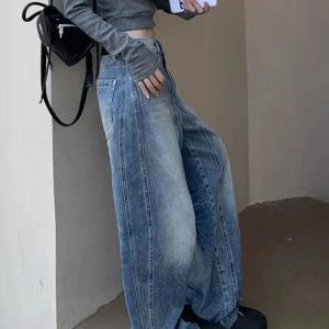 Vintage Washed Wide-Leg Jeans for Y2K Outfits and Retro Street Styles