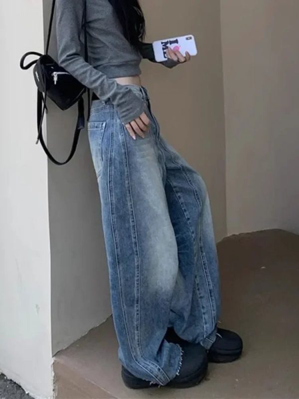 Vintage Washed Wide-Leg Jeans for Y2K Outfits and Retro Street Styles