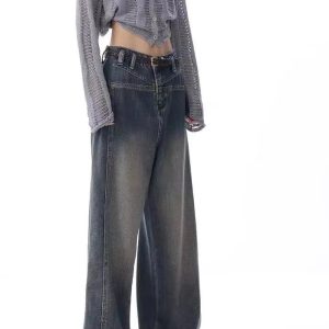 Vintage Washed Wide-Leg Jeans for Y2K Outfits and Retro Street Styles