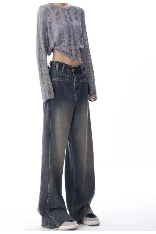 Vintage Washed Wide-Leg Jeans for Y2K Outfits and Retro Street Styles