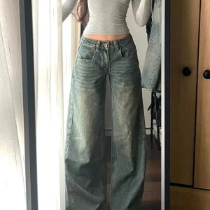 Vintage Washed Wide-Leg Jeans for Y2K Outfits and Retro Street Styles