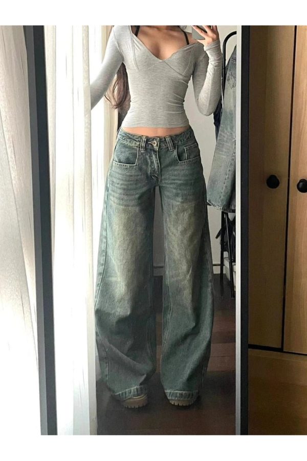 Vintage Washed Wide-Leg Jeans for Y2K Outfits and Retro Street Styles