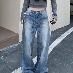 Vintage Washed Wide-Leg Jeans for Y2K Outfits and Retro Street Styles