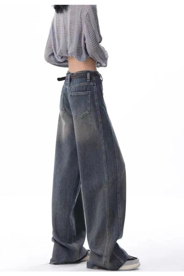 Vintage Washed Wide-Leg Jeans for Y2K Outfits and Retro Street Styles