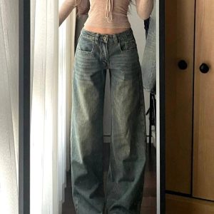 Vintage Washed Wide-Leg Jeans for Y2K Outfits and Retro Street Styles