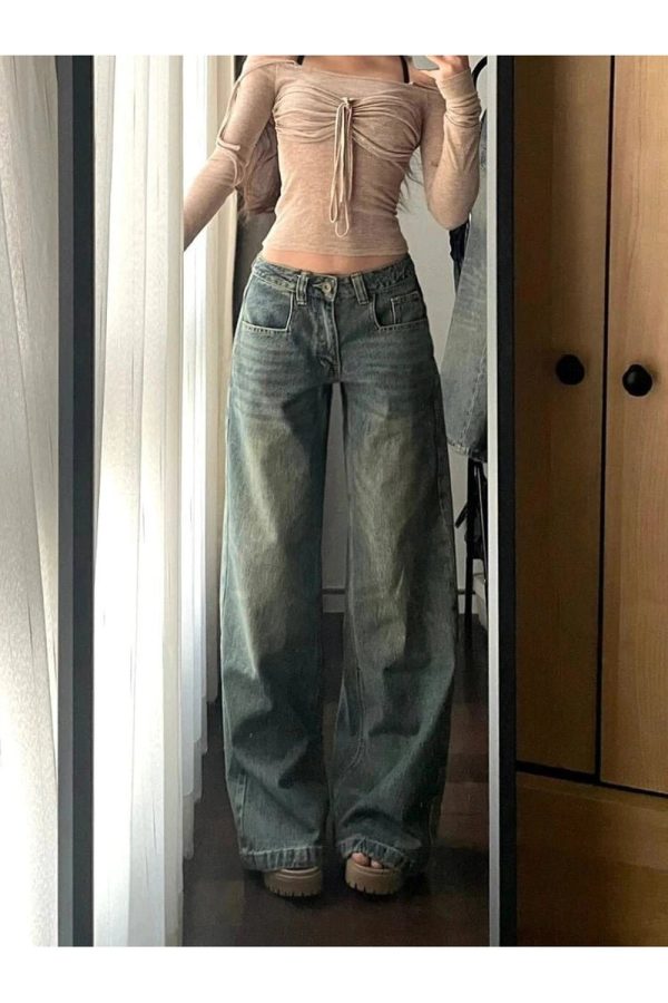 Vintage Washed Wide-Leg Jeans for Y2K Outfits and Retro Street Styles