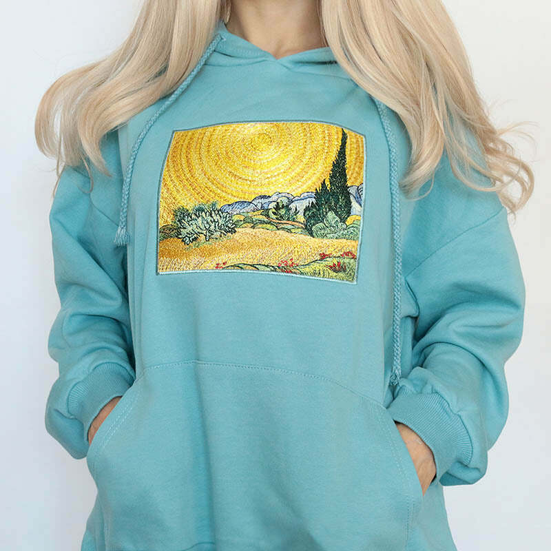 Wheat Field with Cypresses Hoodie - Y2K Vintage Outfits for Winter Style