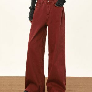 Wine Red Wide-Leg Jeans for Y2K Outfits, Vintage Style & Street Fashion