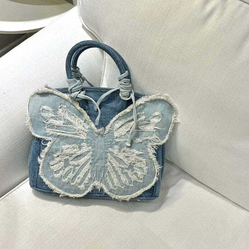 Y2K Aesthetic Denim Butterfly Handbag - Vintage 2000s Style Fashion