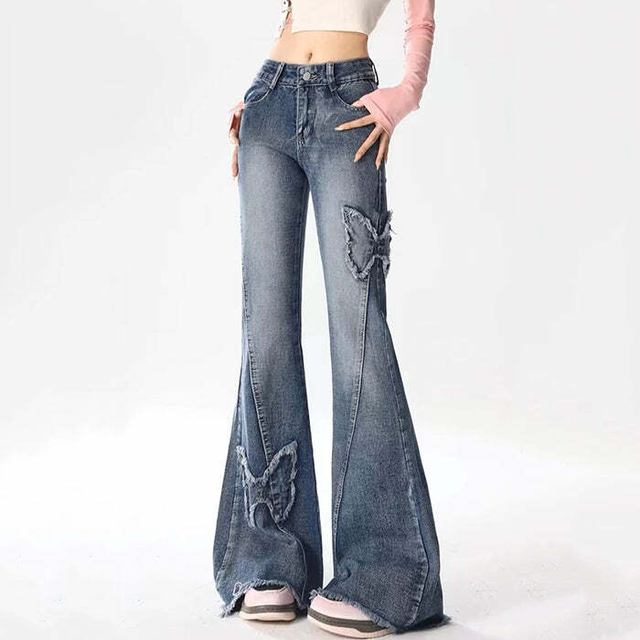 Y2K Butterfly Flare Jeans - Vintage 2000s Aesthetic Street Style Outfit