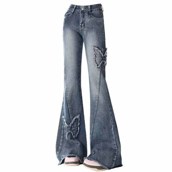 Y2K Butterfly Flare Jeans - Vintage 2000s Aesthetic Street Style Outfit