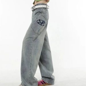 Y2K Loose Fit Logo Jeans - Vintage 2000s Aesthetic Street Style Outfits