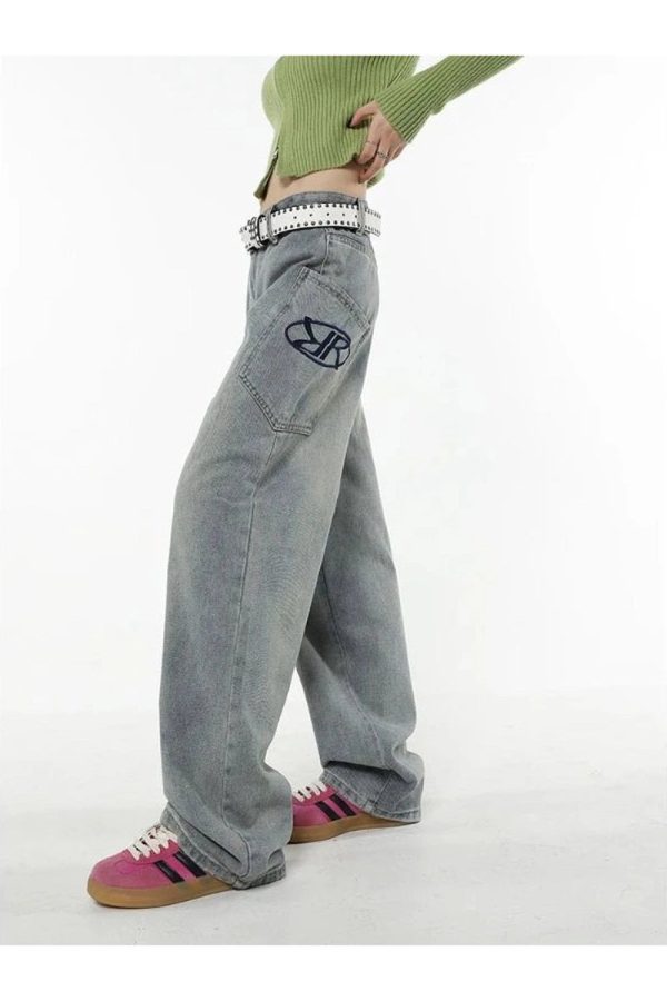 Y2K Loose Fit Logo Jeans - Vintage 2000s Aesthetic Street Style Outfits