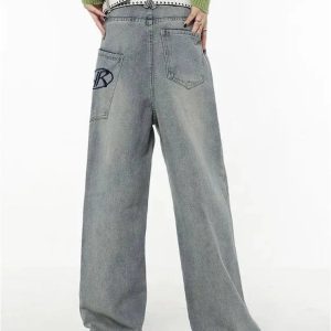 Y2K Loose Fit Logo Jeans - Vintage 2000s Aesthetic Street Style Outfits