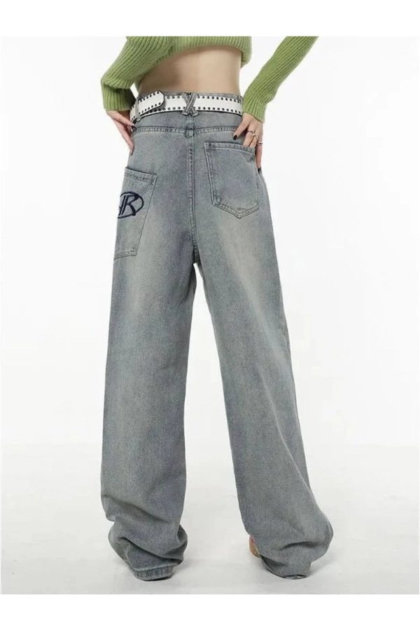 Y2K Loose Fit Logo Jeans - Vintage 2000s Aesthetic Street Style Outfits