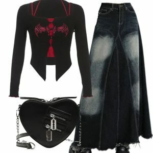 Y2K Outfit: Alt Goth Graphic T-shirt, Faded Black Maxi Skirt & Chain Bag