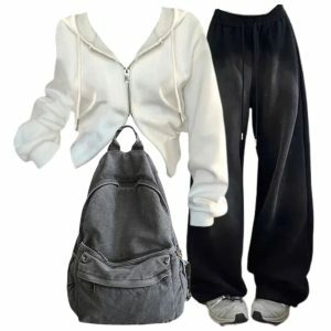 Y2K Outfit: Baggy Grunge Sweatpants, Korean Zip Hoodie & Urban Ash Backpack