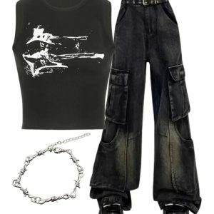 Y2K Outfit: Gothic Cargo Flare Jeans & Distressed Graphic Top for Vintage Style