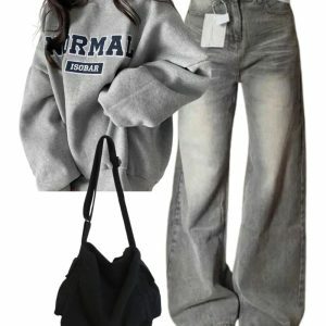 Y2K Outfit: Korean Baggy Denim Pants, Oversized Graphic Sweatshirt & Black Bag