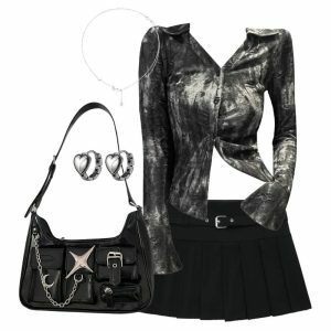 Y2K Outfit: Metallic Asymmetrical Blouse & Chic Zipper Skirt Set for Fall