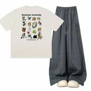 Y2K Outfit: Oversized Plaid Slouchy Pants & Vintage Pet Print T-Shirt