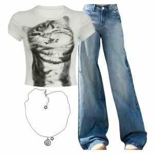 Y2K Outfit: Pixelated Cat Graphic Crop Top & Light Wash Wide-Leg Denim