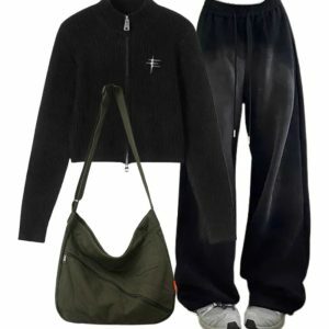 Y2K Outfit: Ribbed Zip-Up Turtleneck Sweater & Baggy Grunge Sweatpants Set