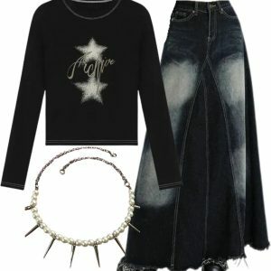 Y2K Outfit: Stellar Sparkle Top, Faded Black Maxi Denim Skirt & Pearl Spike Necklace - Vintage Aesthetic