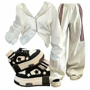 Y2K Outfit: Striped Cargo Pants, White Zip Hoodie & Skateboard Shoes