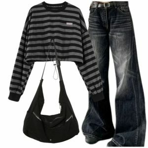 Y2K Outfit: Vintage Wide-Leg Jeans, Striped Sweatshirt & Nylon Bag Set