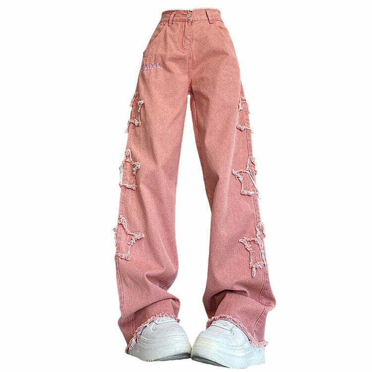 Y2K Pink Star Jeans - Vintage 2000s Aesthetic Outfit for Women