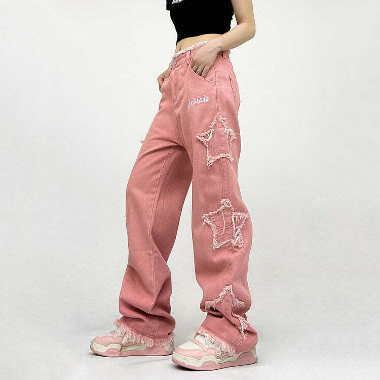 Y2K Pink Star Jeans - Vintage 2000s Aesthetic Outfit for Women